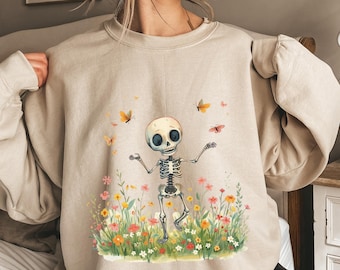 Cute skeleton in Wildflowers sweatshirt Fall Aesthetic Halloween Floral shirt Retro fall Graphic sweathirt Cozy Gift