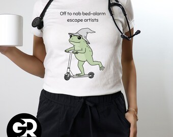 CNA Escape Artists Frog Scooter Tee | Nurse Aid Bed-Alarm Funny Long Term Care Shirt