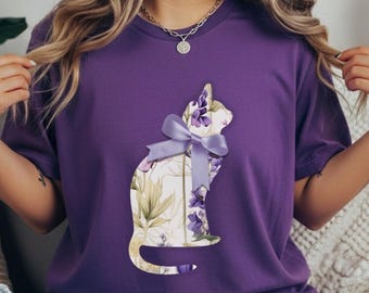 Camiseta divertida para amantes de gatos, com estampa floral e cores confortáveis para donos de gatos - Camiseta unissex, tingida à mão, presente para amantes de gatos