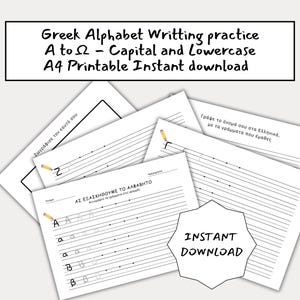 May include: A stack of A4 printable worksheets for Greek alphabet writing practice. The worksheets include capital and lowercase letters, with lines for writing practice. The text on the image says "Greek Alphabet Writing practice A to Ω - Capital and Lowercase A4 Printable Instant download."