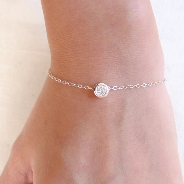 Sterling Silver Crystal Bracelet, Tiny CZ Bracelet, Solitaire Bracelet, Bezel Bracelet, Dainty Chain Bracelet, Simple Delicate Bracelet