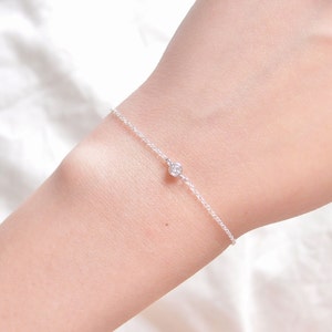 Sterling Silver Crystal Bracelet, Tiny CZ Bracelet, Solitaire Bracelet, Bezel Bracelet, Dainty Chain Bracelet, Simple Delicate Bracelet