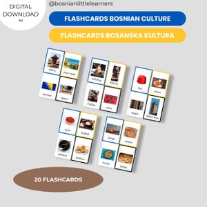 Bosnische cultuur Flashcards | 20 afdrukbare kaarten | Tradities, eten en symbolen | Edu-pdf voor kinderen | Bosanska Kultura en Djecu