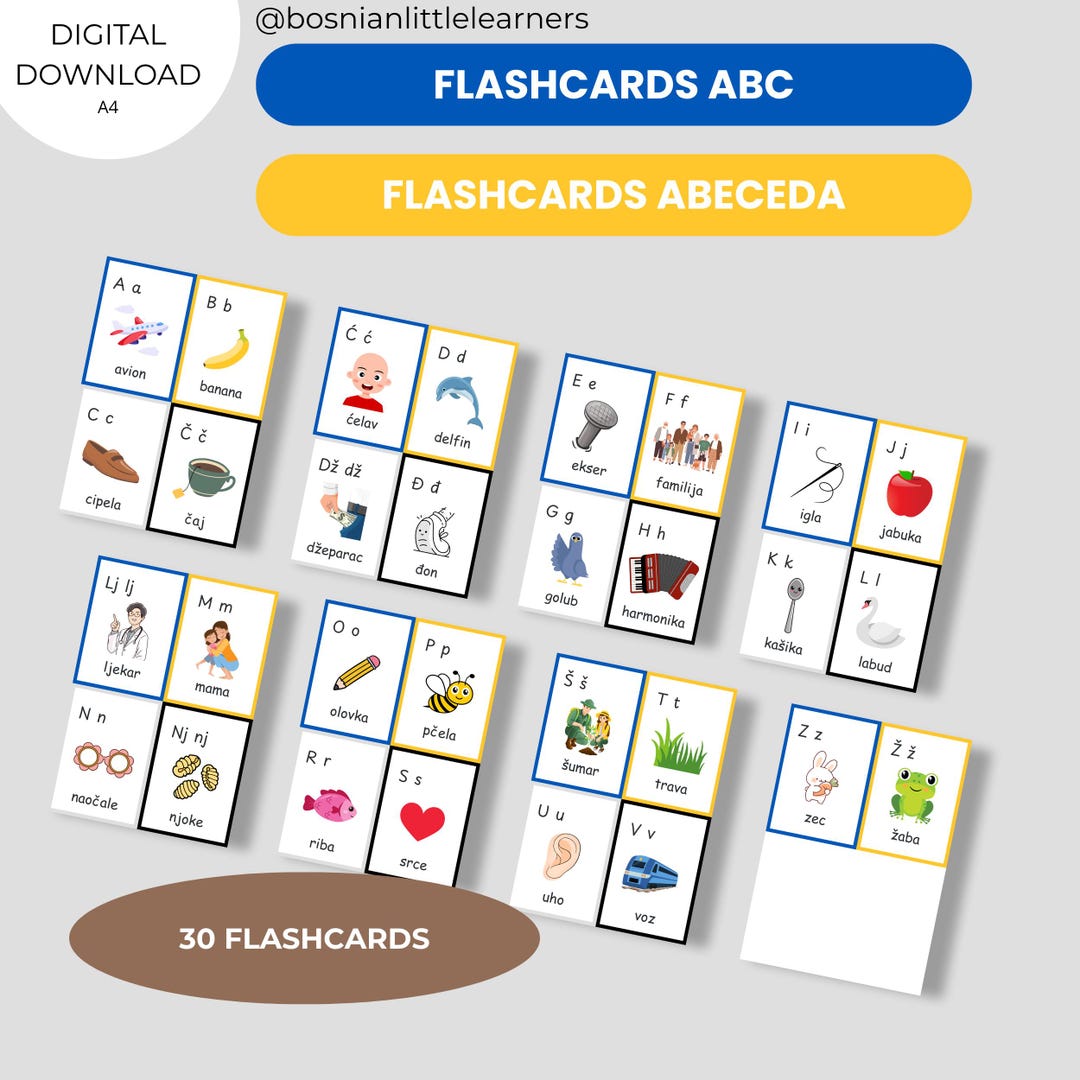 Bosnian Alphabet Flashcards | 30 Printable Cards | Learn Bosnian ...