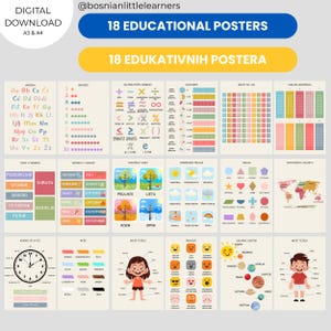 Bosnian Educational Poster Bundle | 18 A3 & A4 Printables | Alphabet, Numbers, Weather, Body, Time and More | PDF for Kids