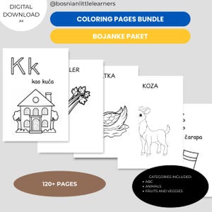 Bosnian Coloring Bundle for Kids | 124 Pages PDF | Alphabet, Animals & Fruit and Veggies | Voće i Povrće, Životinje i Abeceda Bojanka