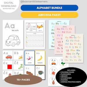 Megabundel Bosnisch alfabet | 6-in-1 set: kleurplaten, flashcards, oefenbladen, memoryspel, poster en stickers | Pdf