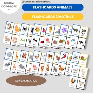 Bosnische dierenflashcards | 50 afdrukbare kaarten | Leer dierennamen in het Bosnisch | Edu-pdf voor kinderen | Gedrukt op Printen