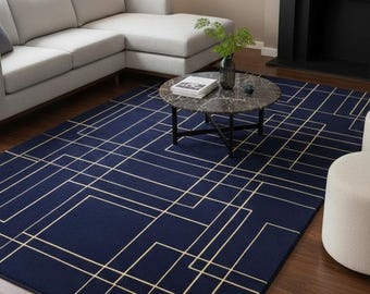 Navy Gold Geometric Hand-Tufted Rug, Mid-Century Modern Abstract Area Carpet