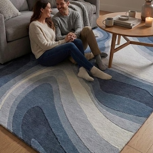 Hand Tufted Blue Abstract Rug – Modern Ocean Wave Topographic Carpet,