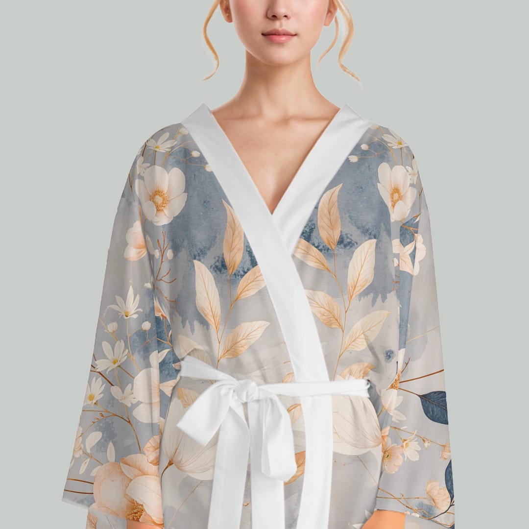 Kimono Robe, Dust Blue Beige Japan Inspired Floral Robe, Japanese Style ...