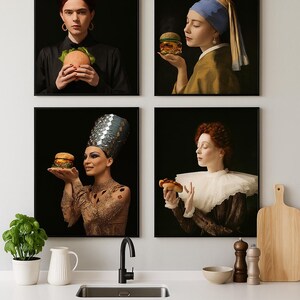 Portrait with Burger poster, Renaissance portrait, Funny art, Baroque painting, Digital Download Printable, Kitchen decor, Food print