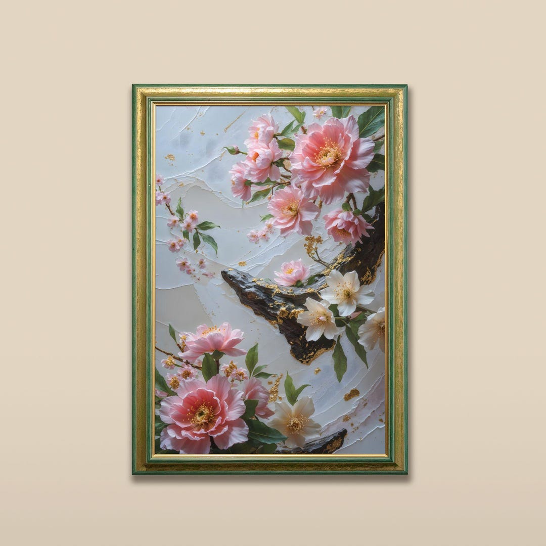 Luxury Floral Wall Art | Pink Peony Botanical Painting | Gold Leaf ...