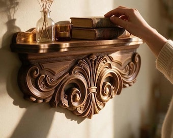 Può includere: Una mensola da parete in legno marrone scuro con intagli complessi a forma di volute e motivi floreali. La mensola sostiene un piccolo vaso in vetro trasparente con fiori secchi, un piccolo portacandele in vetro ambrato e due libri antichi impilati.