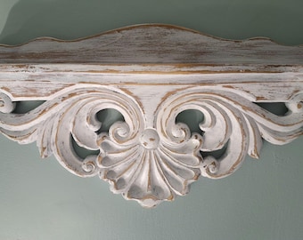 Hand Carved Wooden Shelf | Ornate Baroque Distressed White Decor