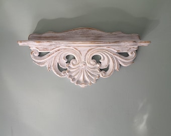 Hand Carved Wooden Shelf | Ornate Baroque Distressed White Decor