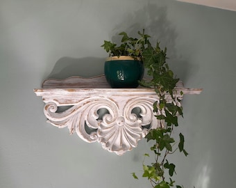 Hand Carved Wooden Shelf | Ornate Baroque Distressed White Decor