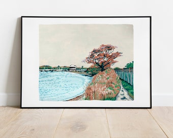 A Coastal beach scene in Autumn, art print, landscape, gouache painting