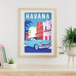 Havana Classic Car Print – Retro Vintage Car Wall Art, Old Cuba Car Illustration, Digital Download Poster, Mid Century Aesthetic Decor