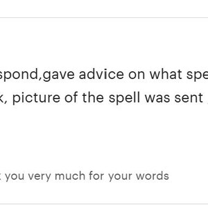 May include: A five-star customer review dated February 10, 2026, from Som, stating: Amad was kind, quick to respond, gave advice on what spell to get, he took his time and put a lot effort into the work, picture of the spell was sent, and I&rsquo;m already seeing changes. Includes a response from Amad.