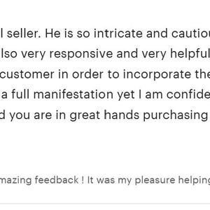 May include: A five-star customer review for a seller named Amad, dated February 20, 2026. The text praises the seller's intricate work, responsiveness, and helpfulness, followed by a short response from Amad thanking the customer for the feedback.