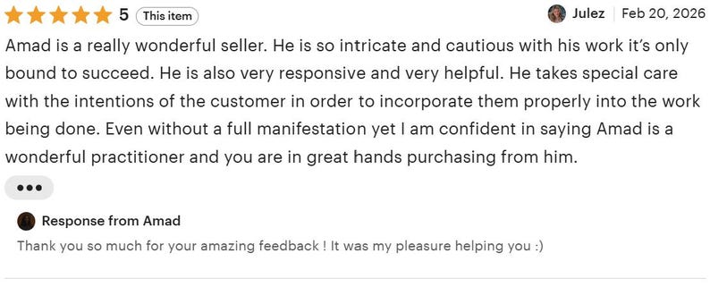 May include: A five-star customer review for a seller named Amad, dated February 20, 2026. The text praises the seller's intricate work, responsiveness, and helpfulness, followed by a short response from Amad thanking the customer for the feedback.