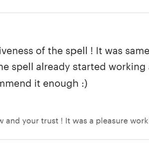May include: A five-star customer review dated February 4, 2026, from Jeanne Lahaie. The text reads: I'm astonished by the effectiveness of the spell! It was same day service, Amad was very quick and polite. And the spell already started working after only a day! Thank you so much Amad. I can't recommend it enough :). A response from Amad follows: Thank you so much for the review and your trust! It was a pleasure working with you.