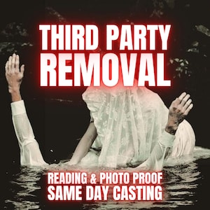 May include: A person wearing a white lace veil and white long-sleeved shirt partially submerged in dark water with arms raised. Text reads: THIRD PARTY REMOVAL, READING & PHOTO PROOF, SAME DAY CASTING. The image features a high-contrast, dark aesthetic.