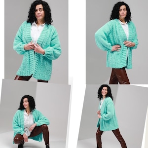 May include: A chunky knit cardigan in a bright mint green color featuring a textured braided pattern, long sleeves with ribbed cuffs, and an open front design. The text CARDI braids mood is visible at the top of the image composition.