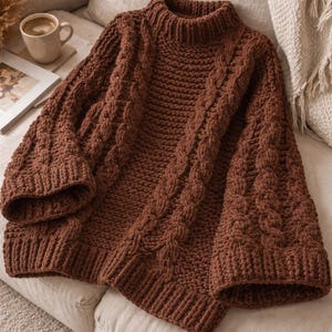 Könnte beinhalten: Ein grob gestrickter Pullover in Dunkelbraun mit hohem Stehkragen, langen Ärmeln mit weiten Bündchen und einem markanten vertikalen Zopfmuster auf der Vorderseite und den Ärmeln, gefertigt aus dickem, strukturiertem Garn.