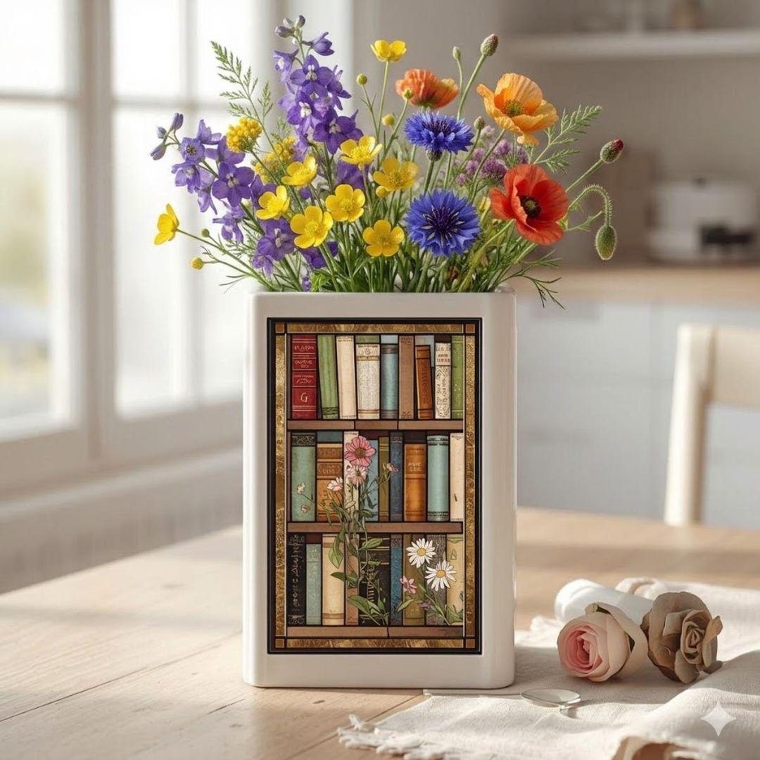 Bookshelf Floral Book Vase, Vintage Library Book Shaped Flower Vase ...
