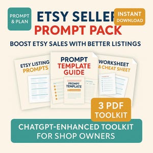 以下が含まれることがあります： 「Etsy Seller Prompt Pack」のプロモーション画像。赤と白で「Etsy Seller Prompt Pack」と書かれたグラフィックで、「Instant Download」と「3 PDF Toolkit」のラベルが付いています。「Boost Etsy Sales With Better Listings」のテキストも含まれています。