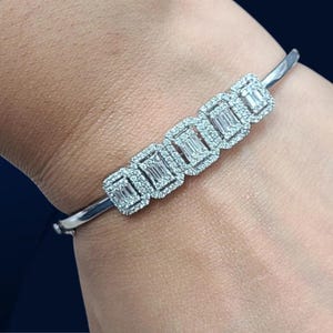 14k White Gold Natural Moissanite Diamond Bangle,Emerald Cut Bangle Ring, Women&#39;s Wedding Bangle , Stackable Bnad Bangle ,Handmade Jewelry