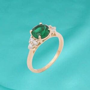 18K Yellow Gold Round Cut Ring 14K Yellow Birthstone Ring, Emerald Green Ring Solitaire Ring Women, Rectangle Solo Emerald Single Stone Ring