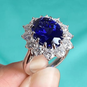 Blue Sapphire Oval Cut Moissanite Floral Halo Ring, 925 Sterling Silver Engagement Ring, Anniversary Gift, Gold Women Ring, Proposal Ring