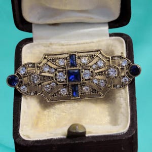 18k White Gold Art Deco Brooch Silver Gold Geometric Rectangle Princess Rhinestone Baguette White Blue Great Gatsby Vintage Style Wedding
