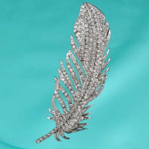 Natural Moissanite Diamond Brooch, 14k White Gold, 925 Sterling Silver Superb large silver feather brooch with diamond rhinestones