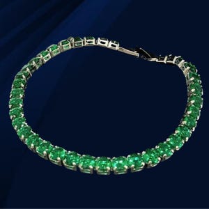 Round Shape Emerald Tennis Bracelet, 14k White Gold Tennis Bracelet, Green Diamond Women Handmade Jewelry, Aug Birthstone Gift For Her