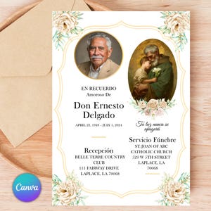 May include: A memorial card featuring a portrait and a religious image, with text in Spanish and English. The design includes floral decorations and event information. The Canva logo is in the bottom left corner.