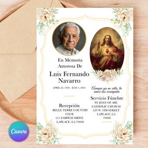 May include: A memorial card with a portrait of a man and an image of Jesus Christ. The card includes text in Spanish and English, floral accents, and event details. The Canva logo is visible in the bottom left corner.
