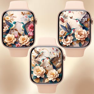 Apple Watch Wallpaper, Watch Face, Graceful Hummingbirds in a Serene Floral Garden, Watch Background, Digital Watch Face, Digital Art