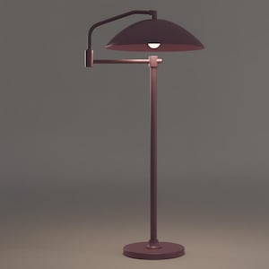 May include: A contemporary floor lamp in a dark bronze hue. It has a curved arm holding a semi-circular shade, and a circular base. The light is on, highlighting the shade's interior. This lamp is a stylish addition to any room, with a height of approximately 150 cm.
