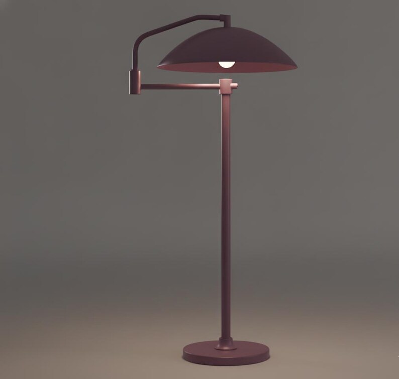 May include: A contemporary floor lamp in a dark bronze hue. It has a curved arm holding a semi-circular shade, and a circular base. The light is on, highlighting the shade's interior. This lamp is a stylish addition to any room, with a height of approximately 150 cm.