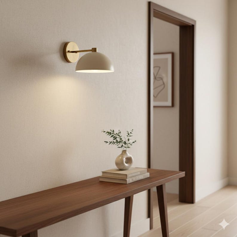 May include: A modern wall sconce with a brass finish and a cream-colored, dome-shaped shade is mounted on a beige wall. A wooden console table holds a small vase with greenery and a stack of books. A doorway is visible in the background.
