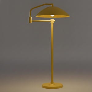 May include: A yellow floor lamp with a domed shade and adjustable arm. The lamp has a round base and a straight pole. The light bulb is visible inside the shade. The lamp is made of metal and has a matte finish.