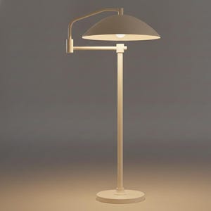 May include: A cream-coloured floor lamp with a curved arm and a dome-shaped shade. The lamp has a circular base and a vertical pole. The light bulb is visible inside the shade. The lamp is made of metal.
