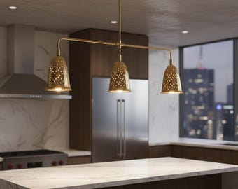 Brass Pendant Linear Chandelier: 3 Light Kitchen Island Chandelier | Handmade Bell Shade Brass Lighting Fixtures