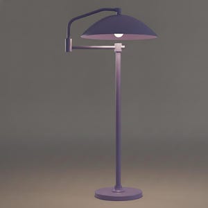 May include: A lilac-coloured floor lamp with a curved arm and a semi-circular shade. The lamp has a round base and a single light bulb. The design is minimalist and modern, suitable for a living room or bedroom.