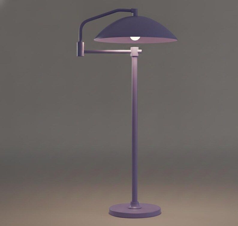 May include: A lilac-coloured floor lamp with a curved arm and a semi-circular shade. The lamp has a round base and a single light bulb. The design is minimalist and modern, suitable for a living room or bedroom.