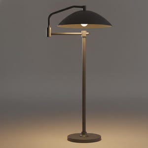 May include: A contemporary floor lamp featuring a black lampshade with a gold interior. The lamp has a bronze-coloured adjustable arm and a circular base. The light is on, illuminating the lampshade's interior.